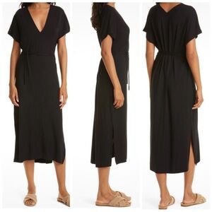 VINCE Women’s Size S Black Double V-Neck Popover
Short Sleeve Jersey Midi Dress‎